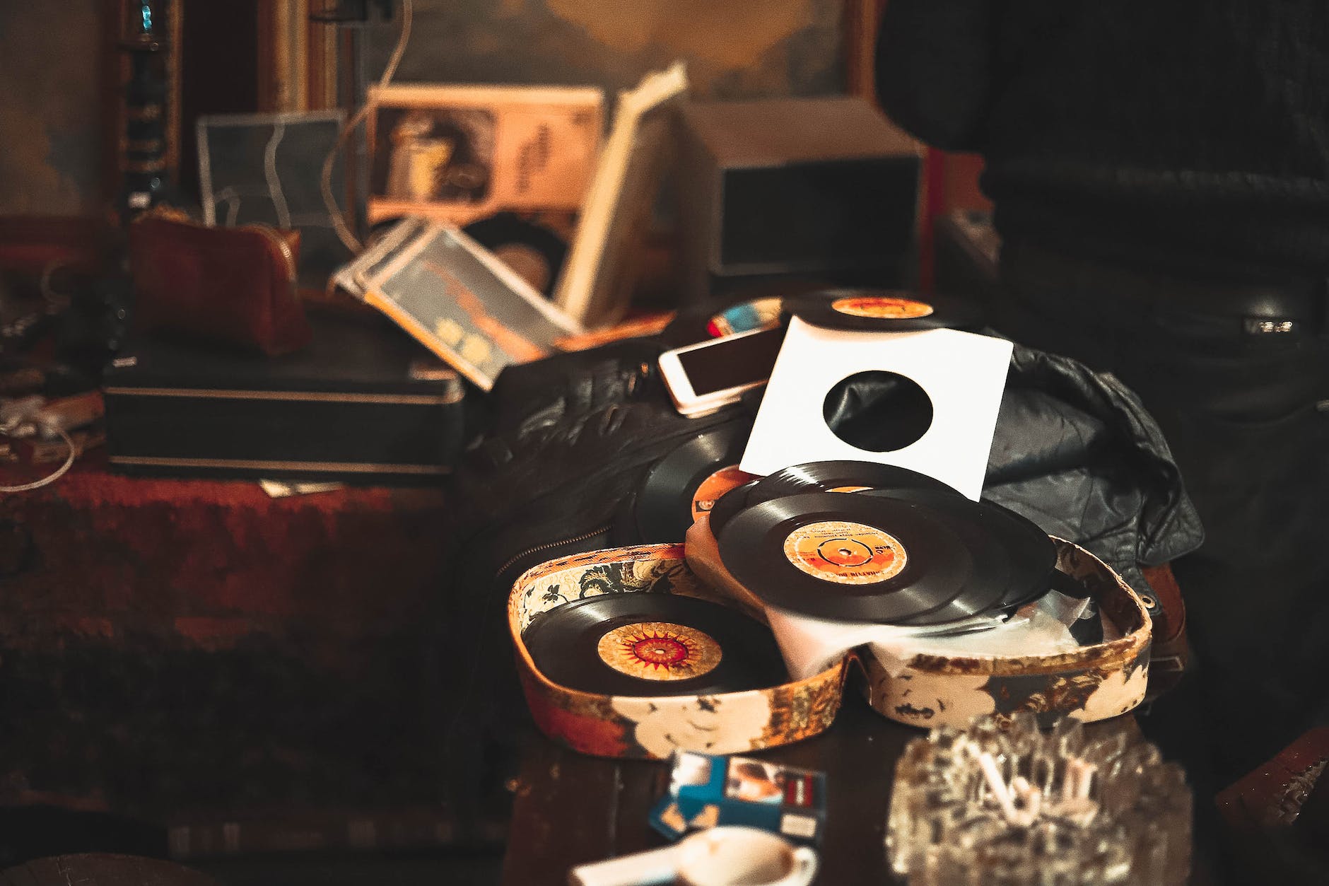 vinyl sleeves in open borwn case